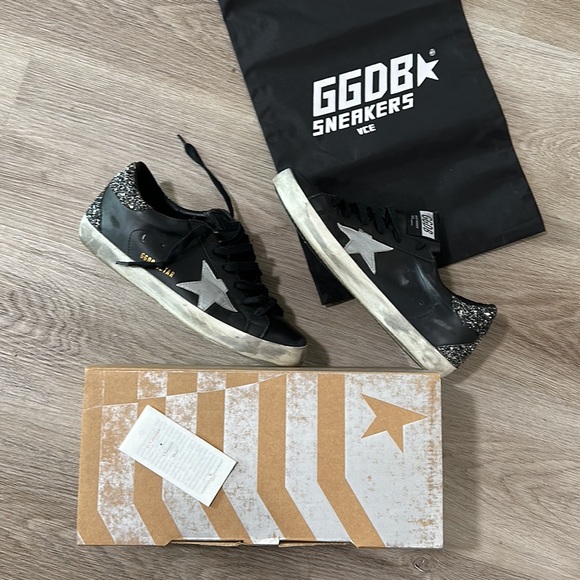 GOLDEN GOOSE SNEAKERS SUPERSTAR BLACK SILVER GLITTER HEEL SIZE 38 - Picture 2 of 13